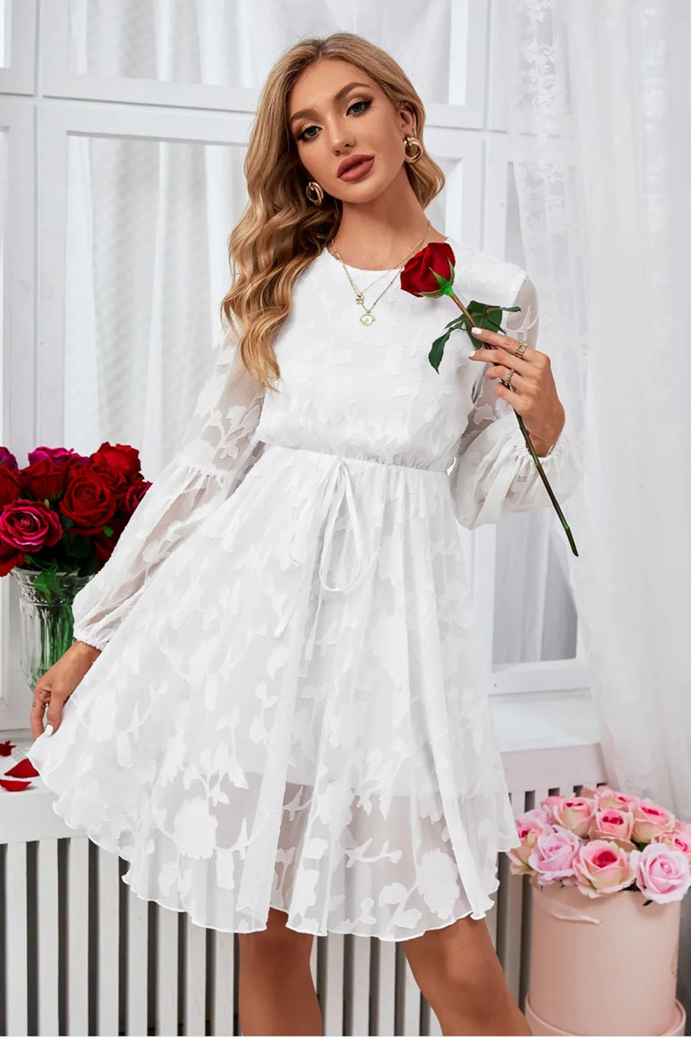 White A-Line Round Neck Graduation Dress With Long Sleeves sold by Zapaka product image thumbnail 4