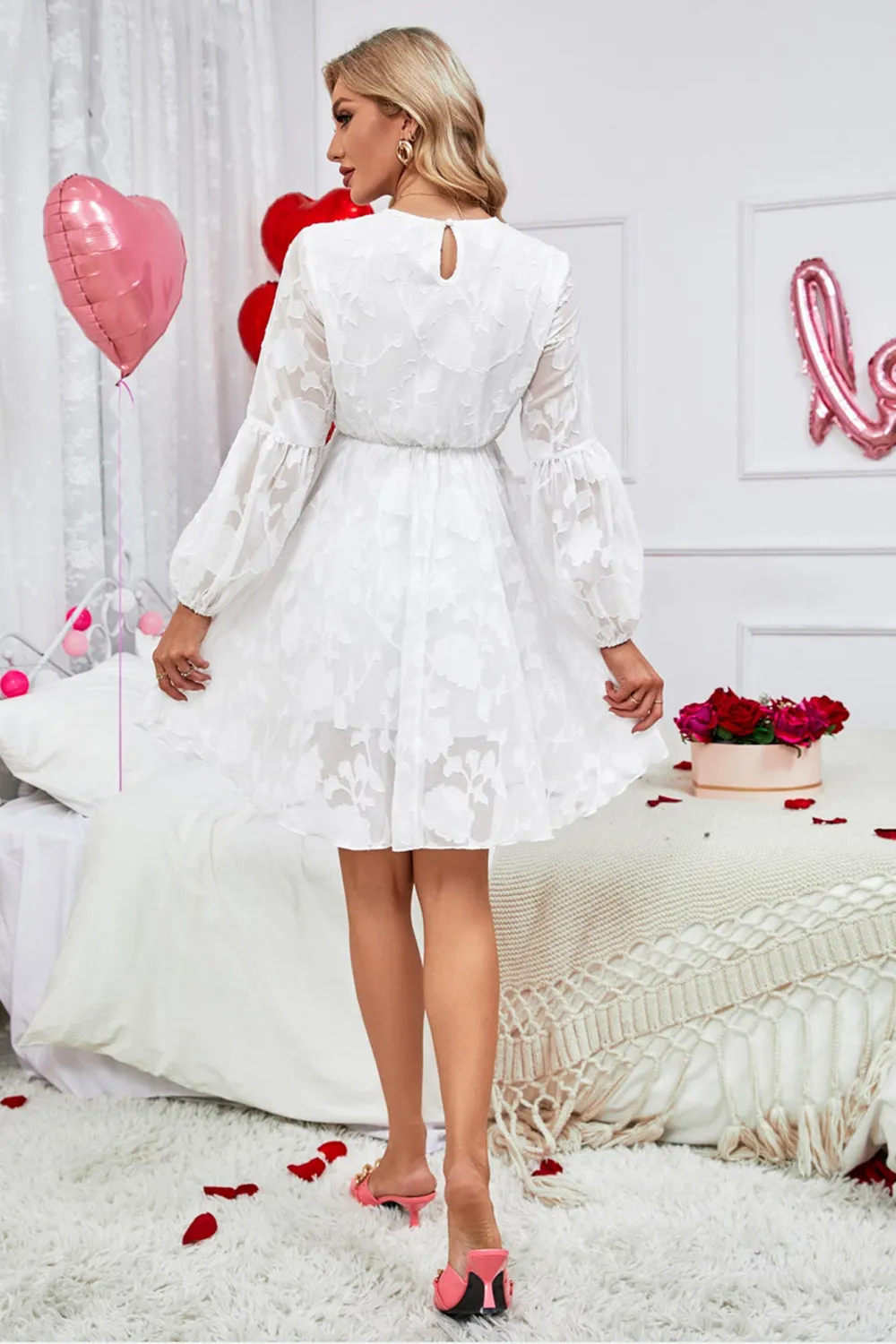 White A-Line Round Neck Graduation Dress With Long Sleeves sold by Zapaka product image thumbnail 2