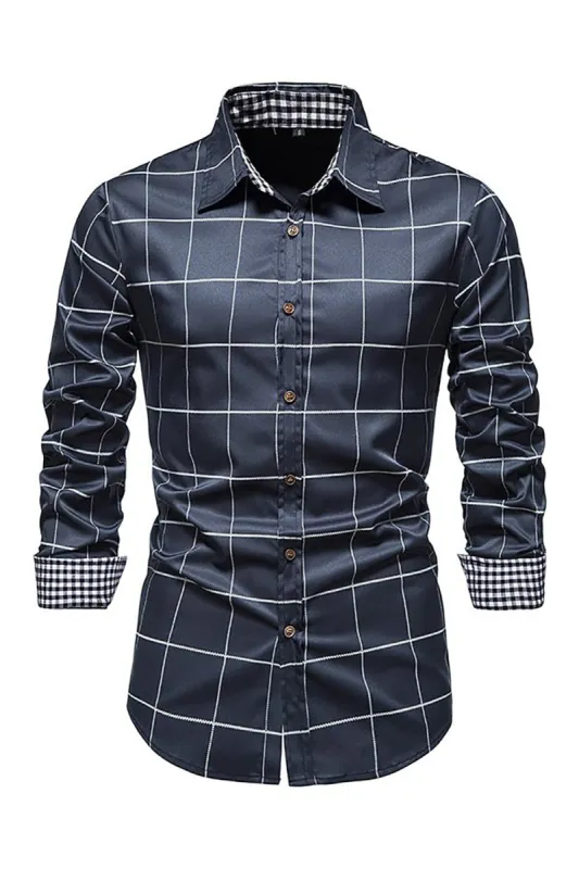 Navy Plaid Print Men's Casual Long Sleeve Shirt sold by Zapaka