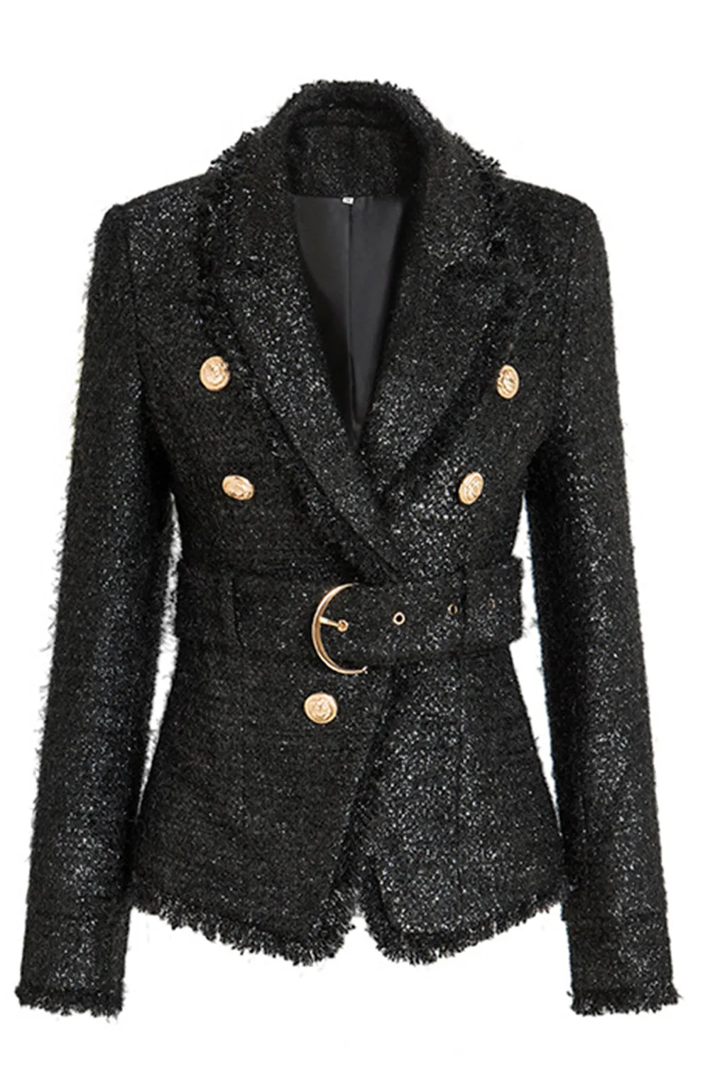 Black Tweed Notched Lapel Women Jacket with Belt sold by Zapaka