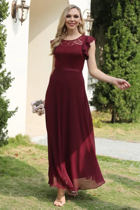 Burgundy Lace Chiffon Bridesmaid Dress sold by Zapaka