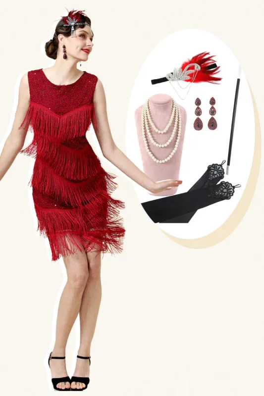 Red Beaded Fringed Flapper Dress with 20s Accessories Set sold by Zapaka