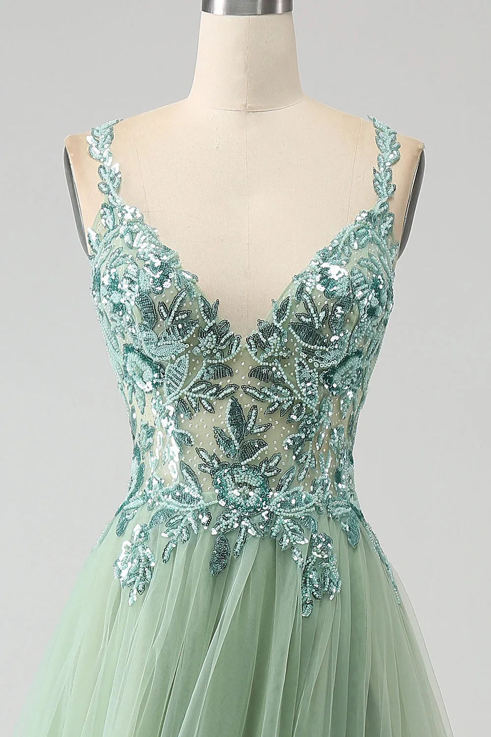 Gorgeous A Line V Neck Light Green Long Prom Dress with Appliques sold by Zapaka product image thumbnail 4