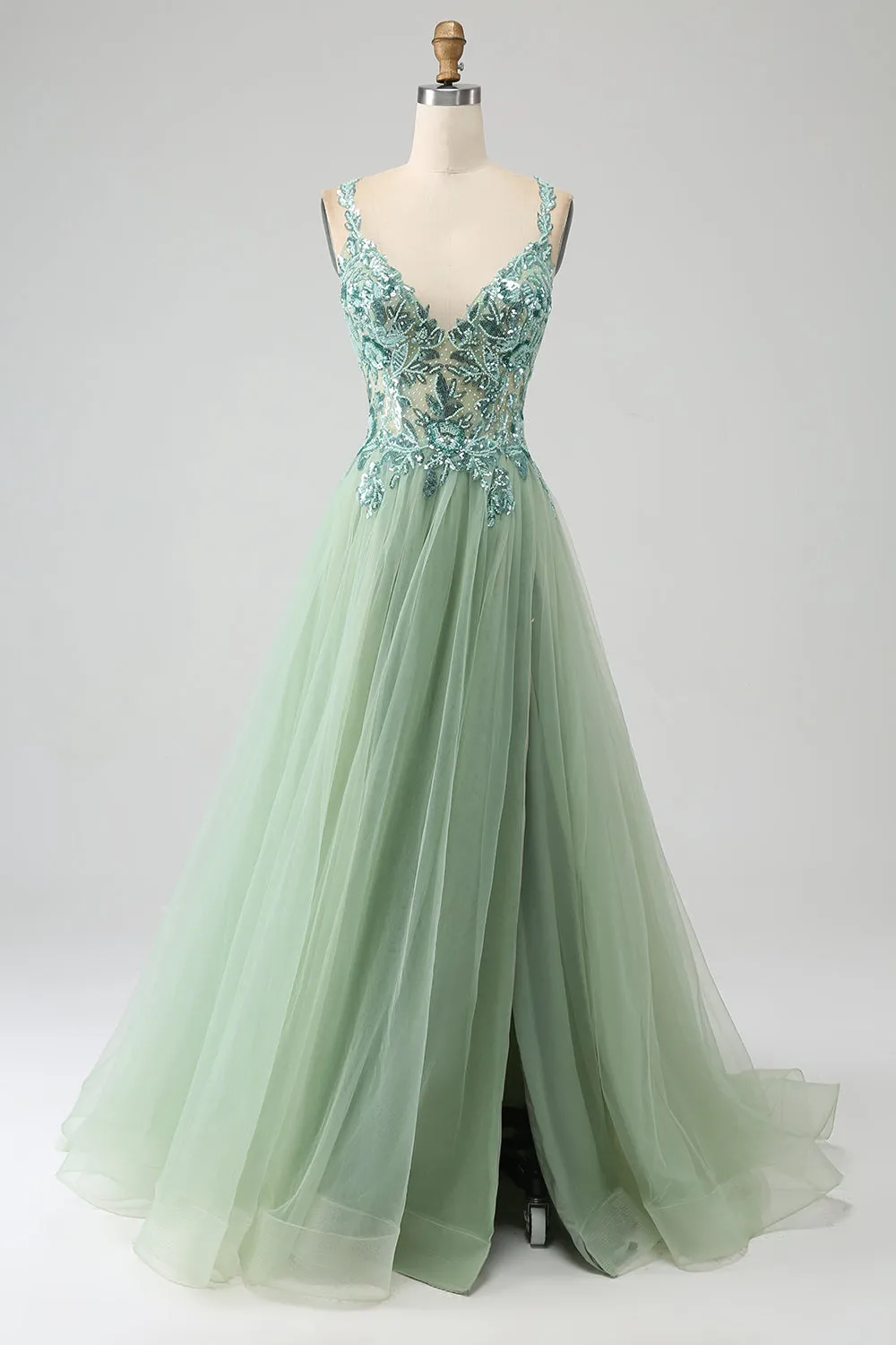 Gorgeous A Line V Neck Light Green Long Prom Dress with Appliques sold by Zapaka