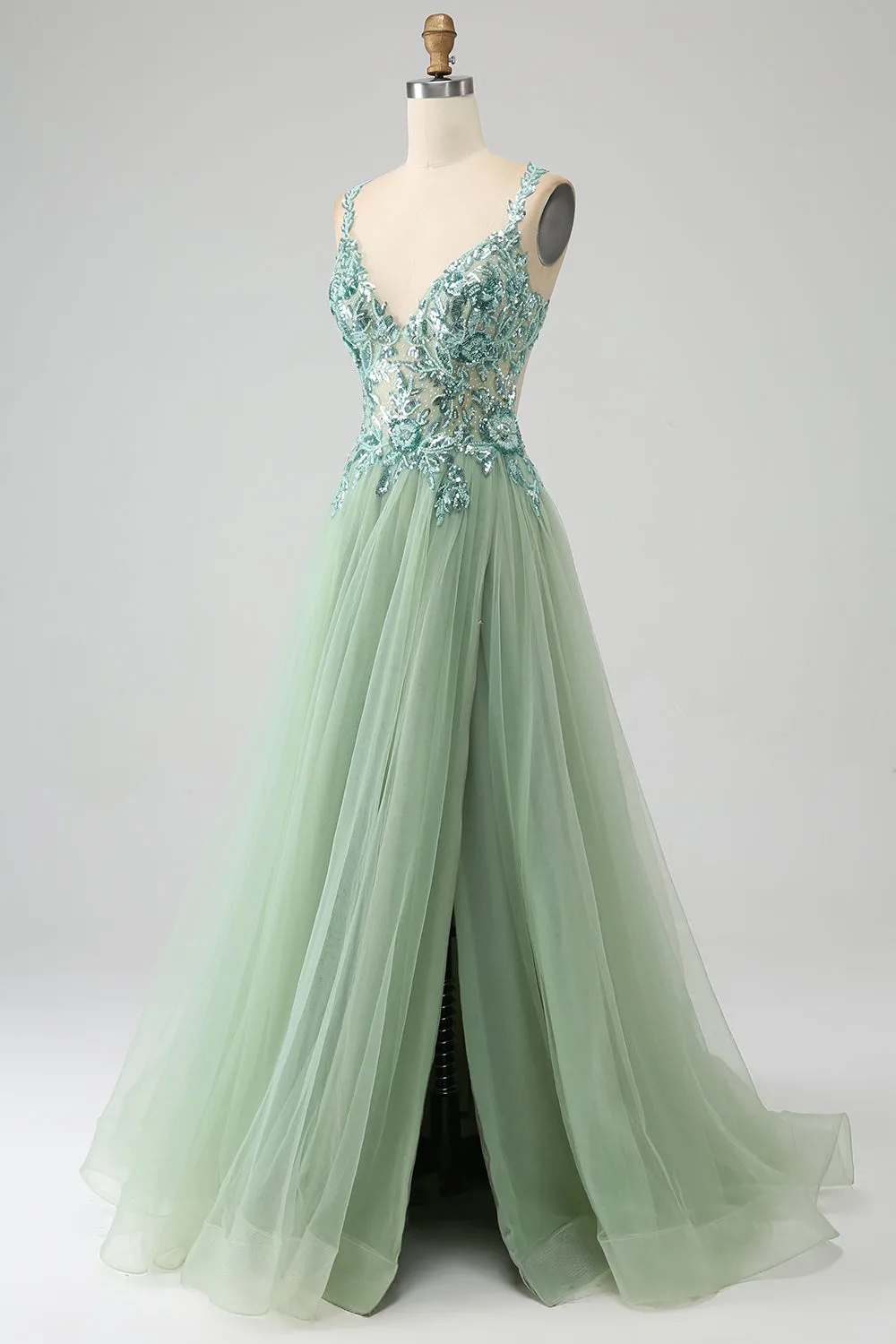Gorgeous A Line V Neck Light Green Long Prom Dress with Appliques sold by Zapaka product image thumbnail 3