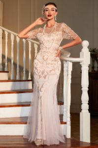 Long Flapper Dresses 1920s Beaded Great Gatsby Dress With Short Sleeves sold by Zapaka