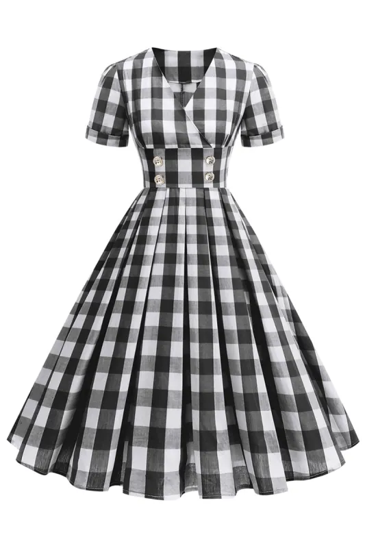 Black V Neck Plaid Vintage 1950s Dress sold by Zapaka
