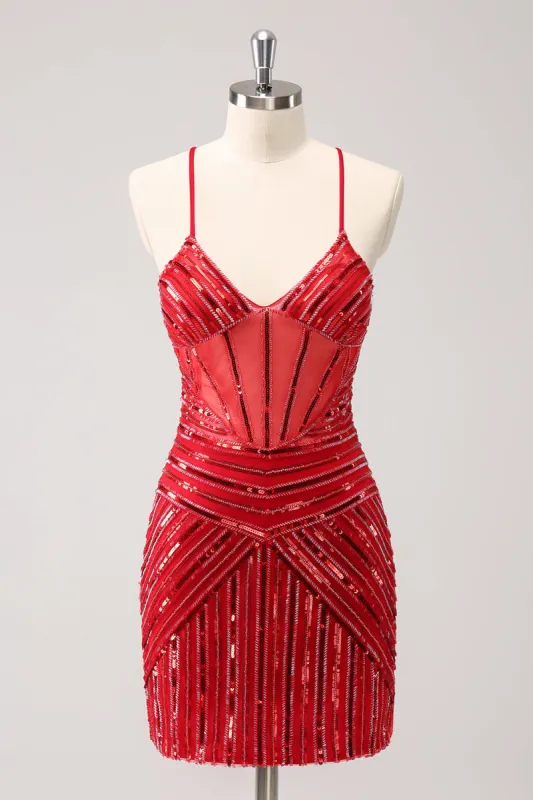 Sparkly Red Spaghetti Straps Sequin Short Tight Homecoming Dress sold by Zapaka