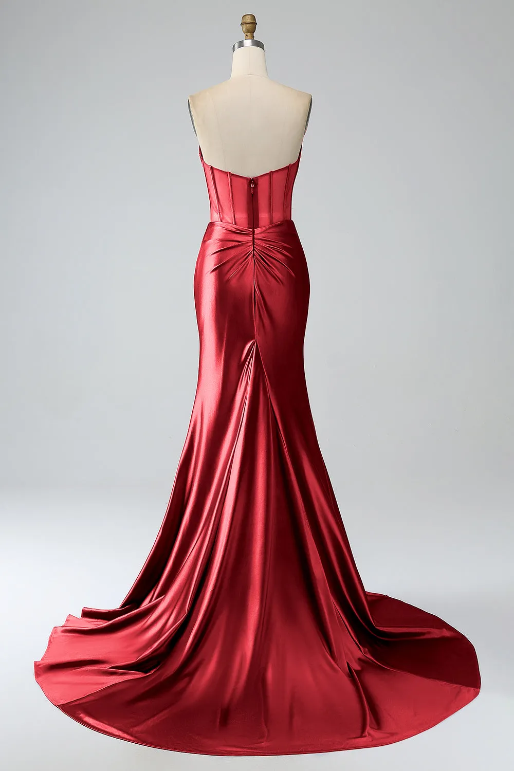 Red Mermaid Strapless Pleated Corset Long Prom Dress with Slit sold by Zapaka product image thumbnail 2