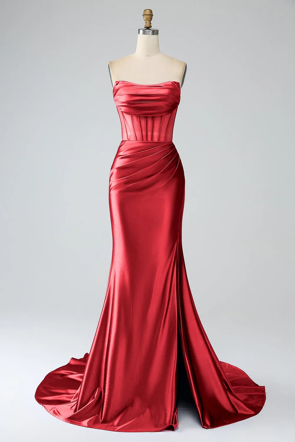 Red Mermaid Strapless Pleated Corset Long Prom Dress with Slit sold by Zapaka