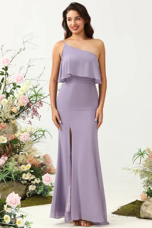 Sheath One Shoulder Purple Plus Size Bridesmaid Dress with Silt sold by Zapaka