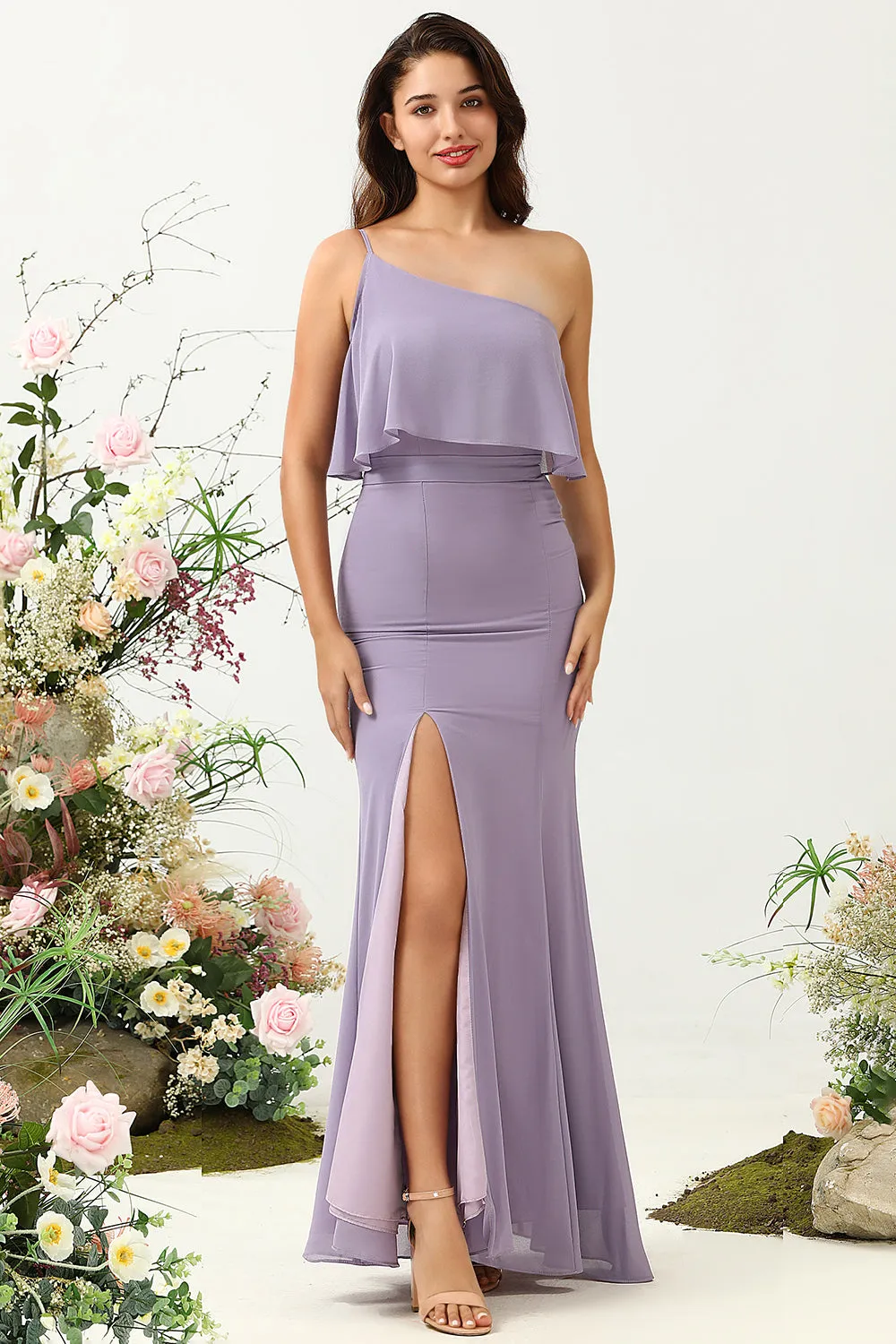 Sheath One Shoulder Purple Plus Size Bridesmaid Dress with Silt sold by Zapaka product image thumbnail 4