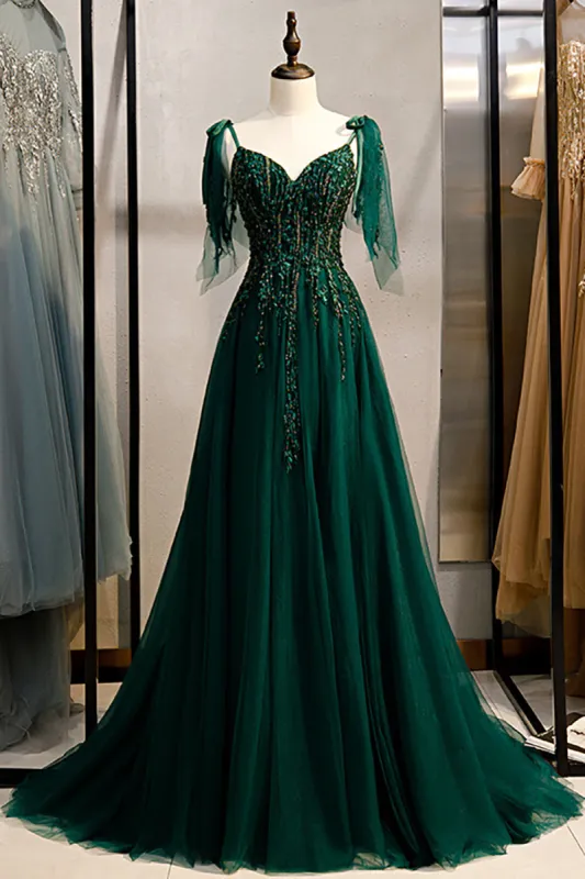 A-Line Spaghetti Straps Dark Green Prom Dress with Beading sold by Zapaka