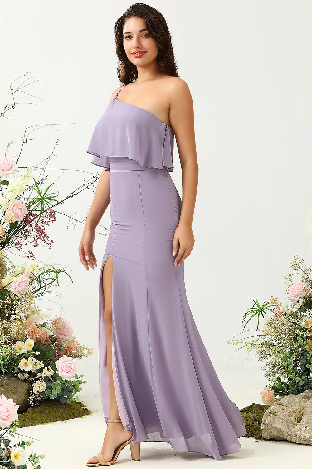 Sheath One Shoulder Purple Plus Size Bridesmaid Dress with Silt sold by Zapaka product image thumbnail 3