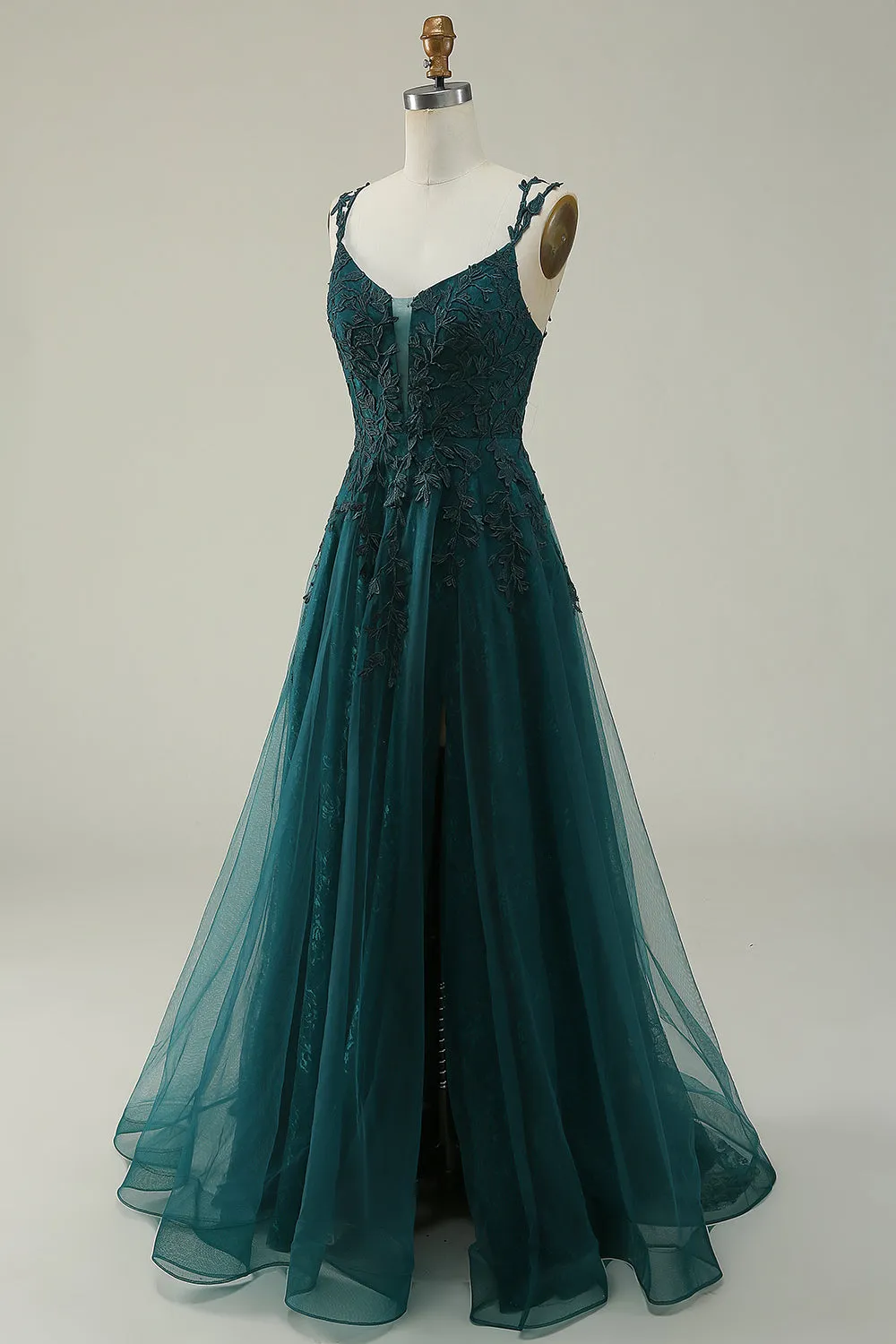 A Line Spaghetti Straps Dark Green Long Prom Dress with Appliques sold by Zapaka product image thumbnail 3