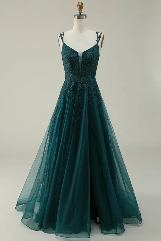 A Line Spaghetti Straps Dark Green Long Prom Dress with Appliques sold by Zapaka