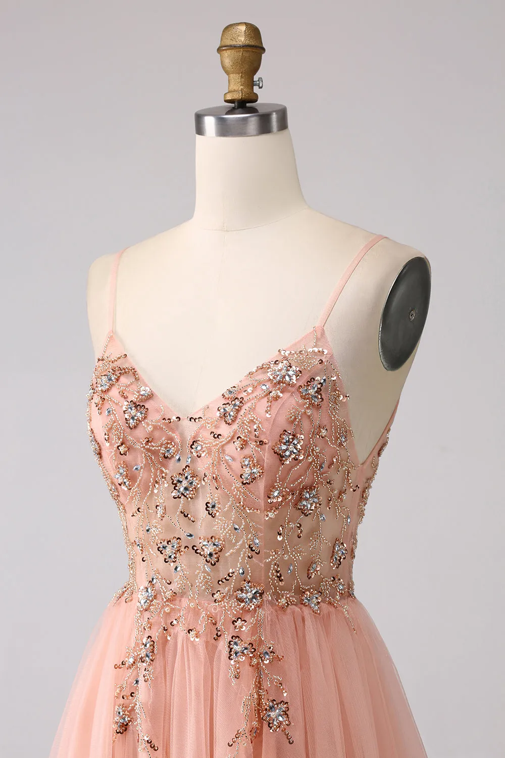 Sparkly Blush A Line Sequins Spaghetti Straps Long Prom Dress With Slit sold by Zapaka product image thumbnail 4