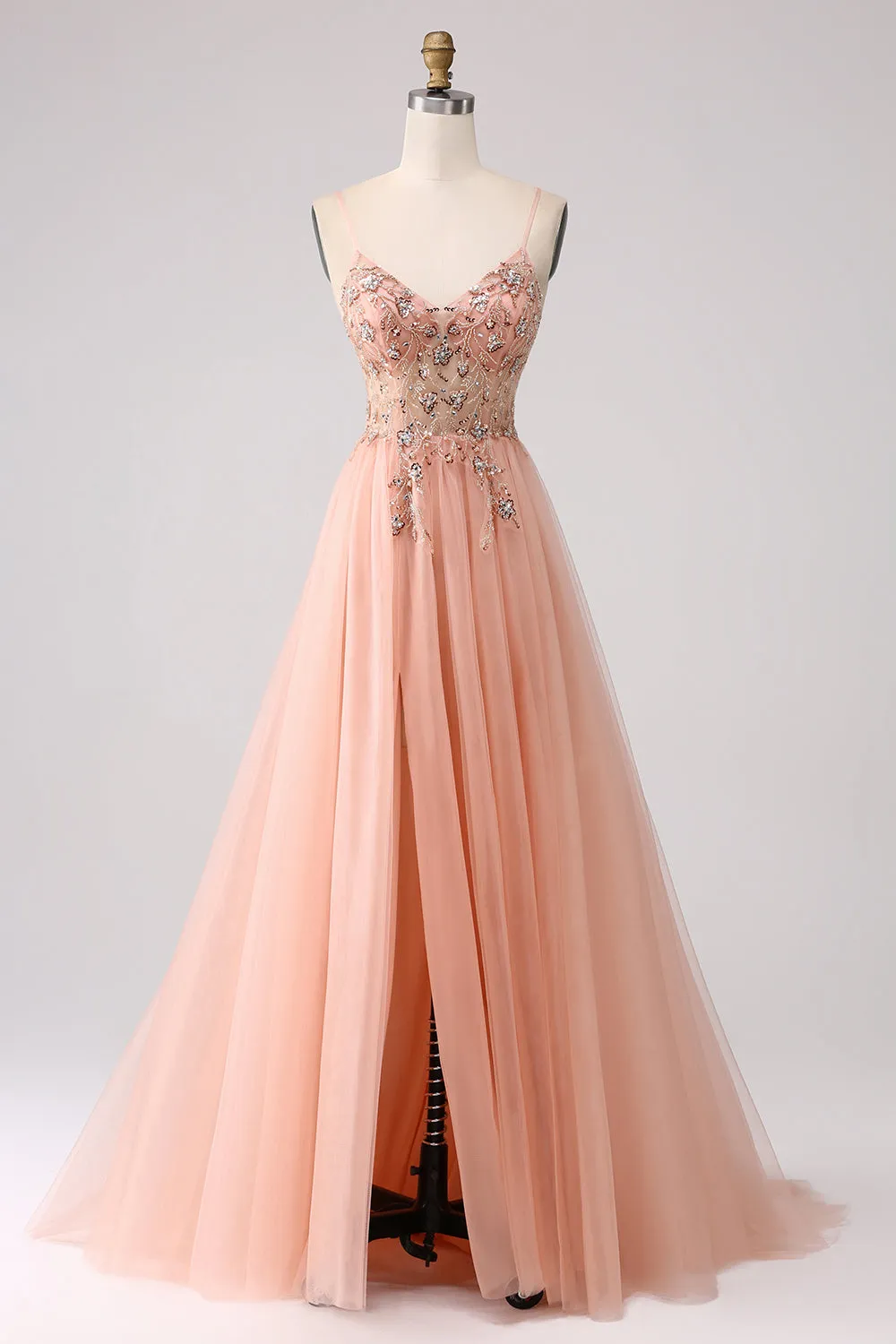 Sparkly Blush A Line Sequins Spaghetti Straps Long Prom Dress With Slit sold by Zapaka