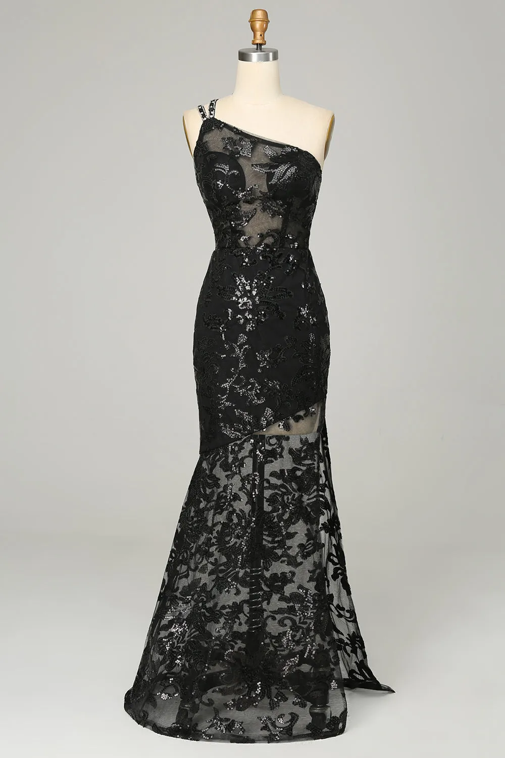 Sheath One Shoulder Backless Black Lace Long Prom Dress sold by Zapaka