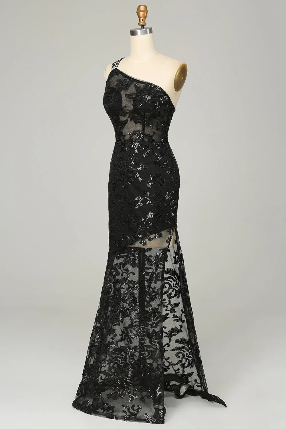 Sheath One Shoulder Backless Black Lace Long Prom Dress sold by Zapaka product image thumbnail 3
