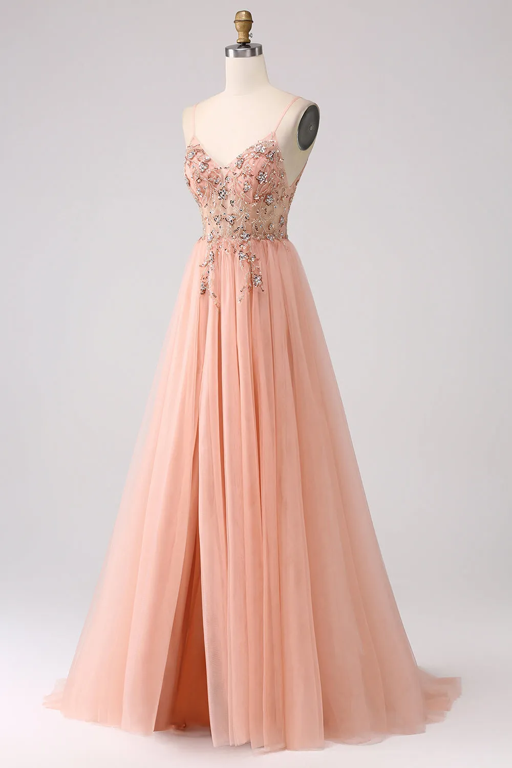 Sparkly Blush A Line Sequins Spaghetti Straps Long Prom Dress With Slit sold by Zapaka product image thumbnail 3