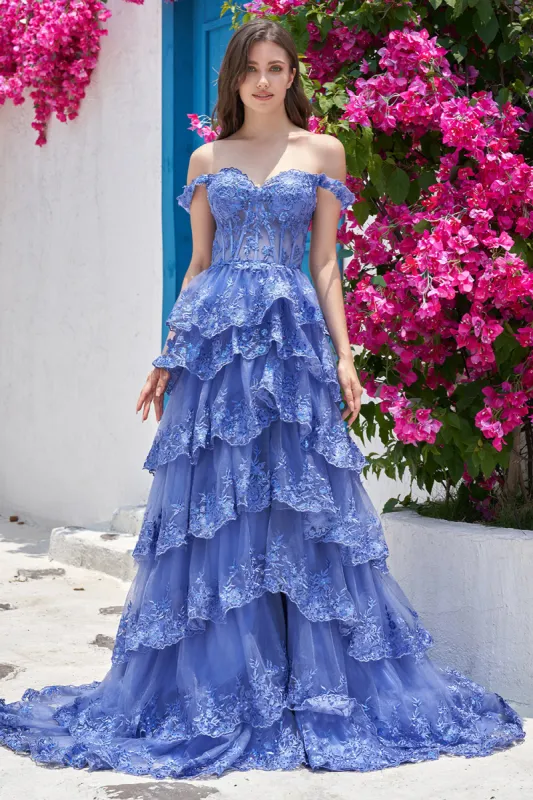 Princess A Line Off the Shoulder Dark Blue Long Prom Dress with Appliques sold by Zapaka