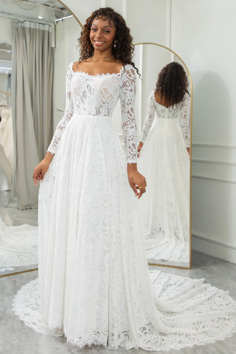 Ivory A-Line Lace Wedding Dress with Sleeves sold by Zapaka product image thumbnail 3