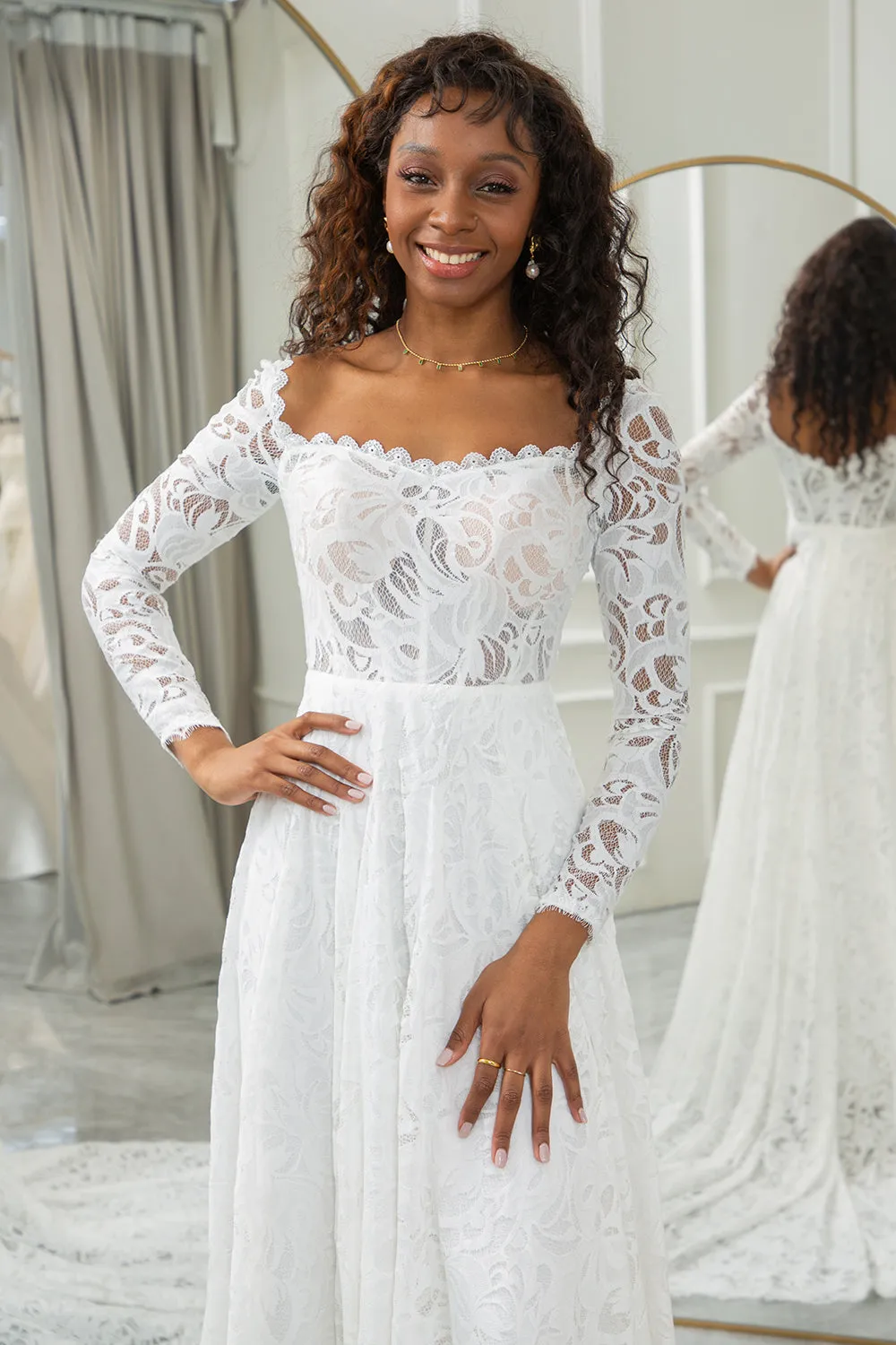 Ivory A-Line Lace Wedding Dress with Sleeves sold by Zapaka product image thumbnail 4