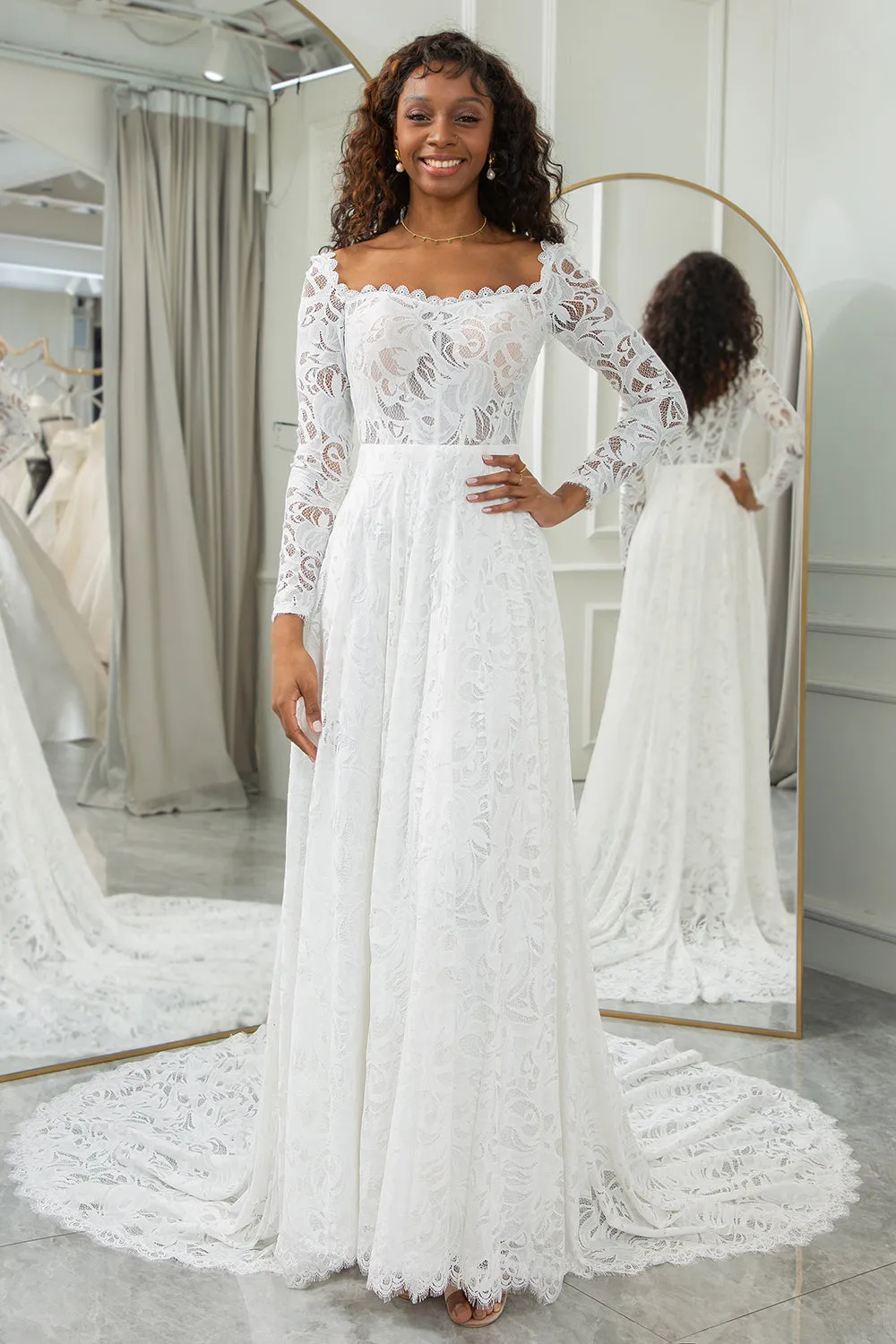 Ivory A-Line Lace Wedding Dress with Sleeves sold by Zapaka