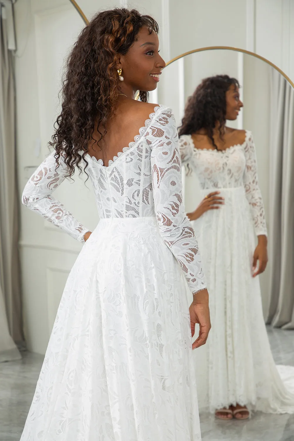Ivory A-Line Lace Wedding Dress with Sleeves sold by Zapaka product image thumbnail 5