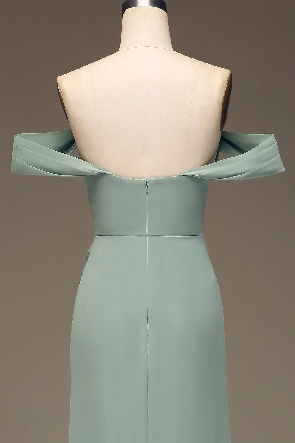Dusty Sage Off the Shoulder Sheath Chiffon Pleated Long Bridesmaid Dress sold by Zapaka product image thumbnail 4