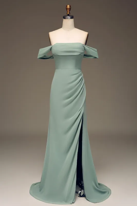 Dusty Sage Off the Shoulder Sheath Chiffon Pleated Long Bridesmaid Dress sold by Zapaka