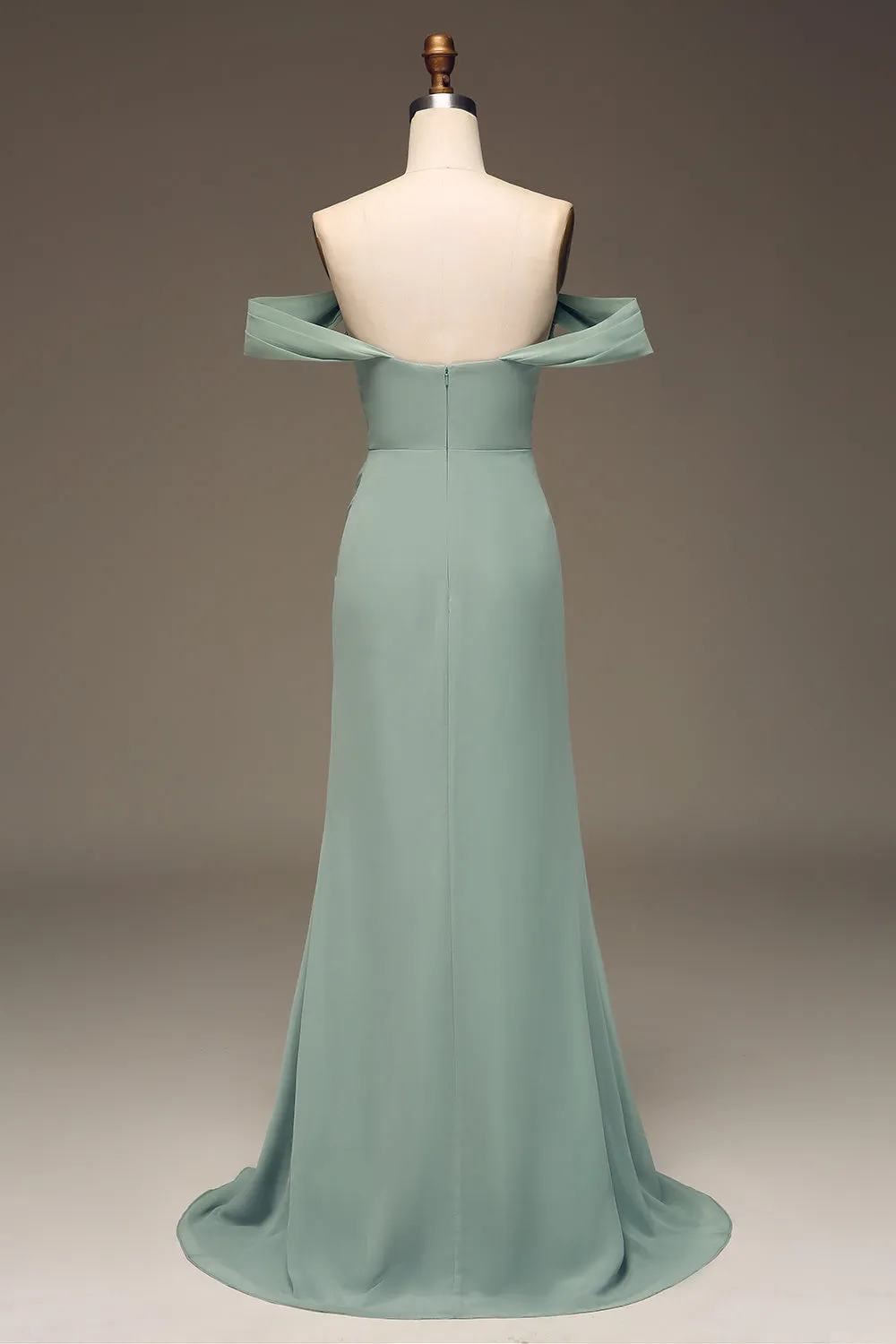 Dusty Sage Off the Shoulder Sheath Chiffon Pleated Long Bridesmaid Dress sold by Zapaka product image thumbnail 2