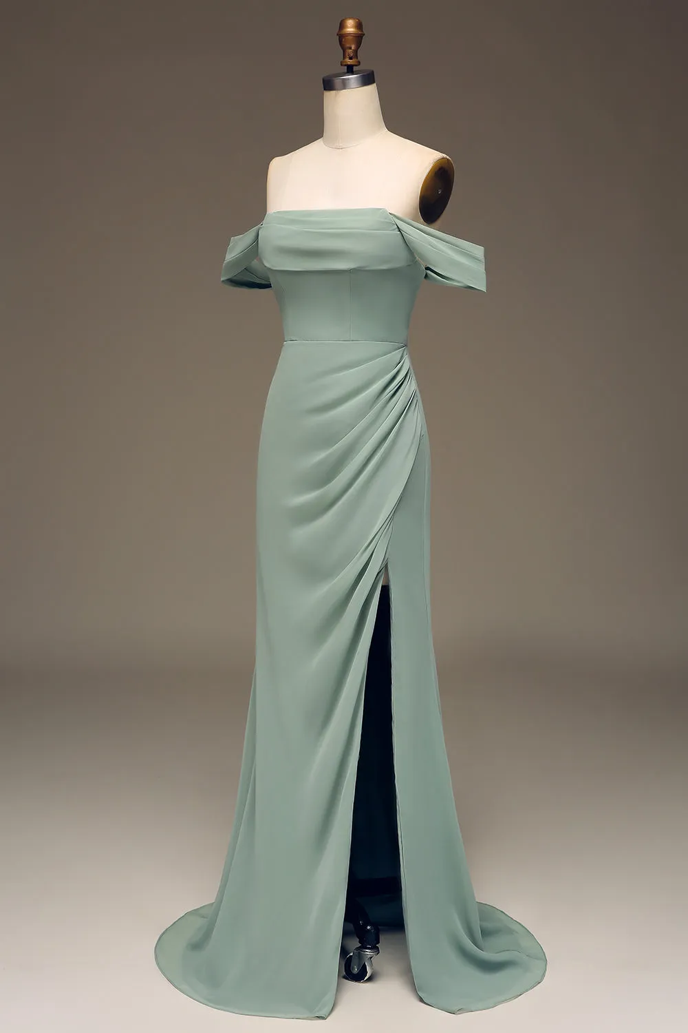 Dusty Sage Off the Shoulder Sheath Chiffon Pleated Long Bridesmaid Dress sold by Zapaka product image thumbnail 3