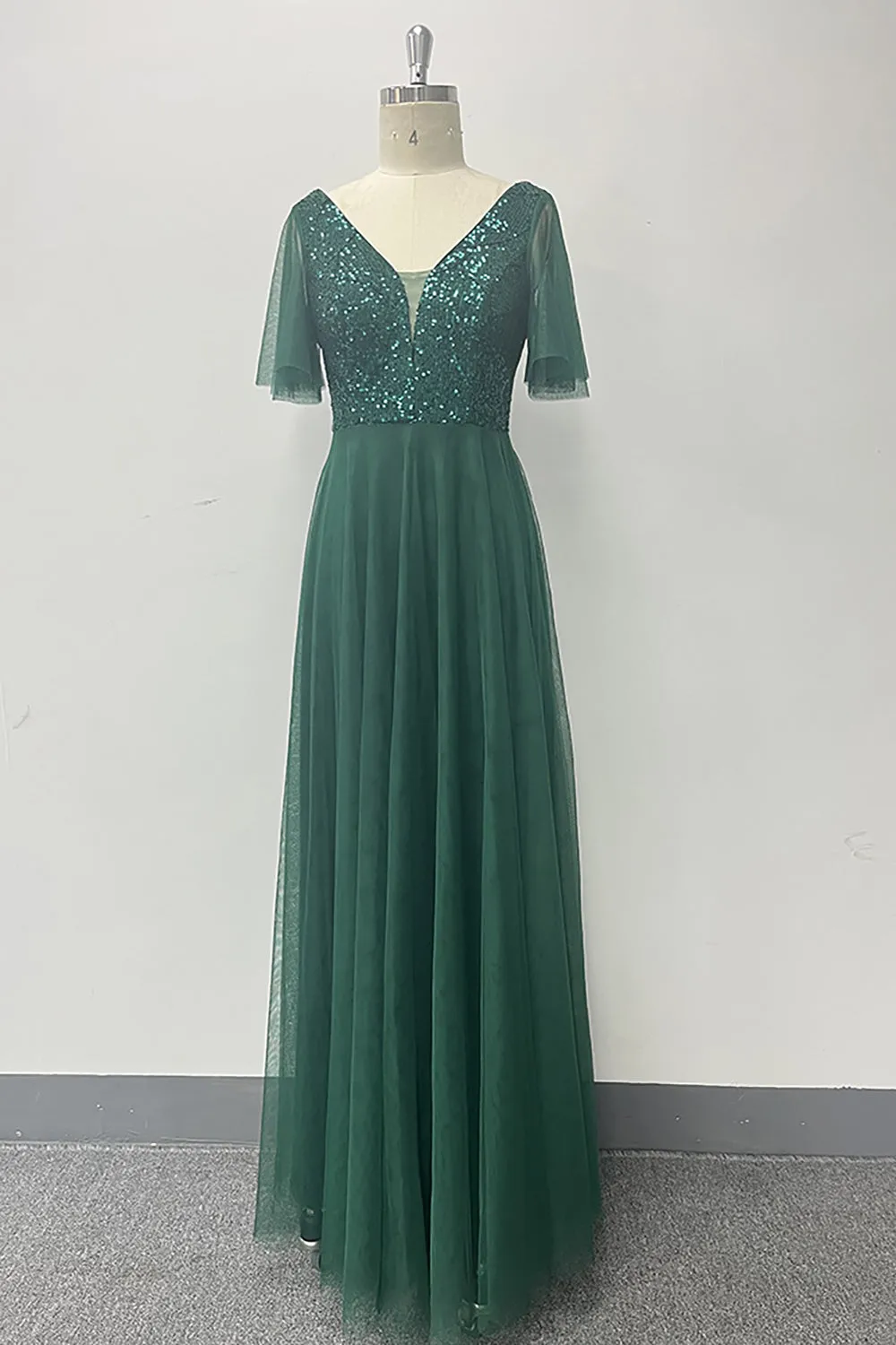 Dark Green A-Line V Neck Tulle Prom Dress with Sequins sold by Zapaka product image thumbnail 5