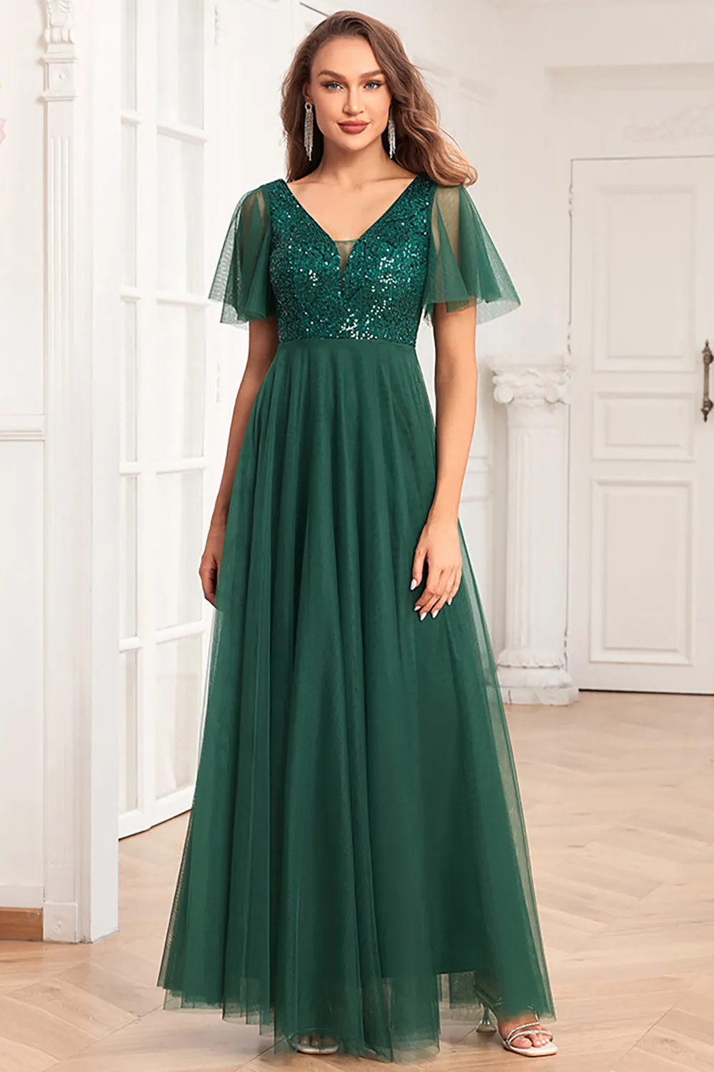Dark Green A-Line V Neck Tulle Prom Dress with Sequins sold by Zapaka