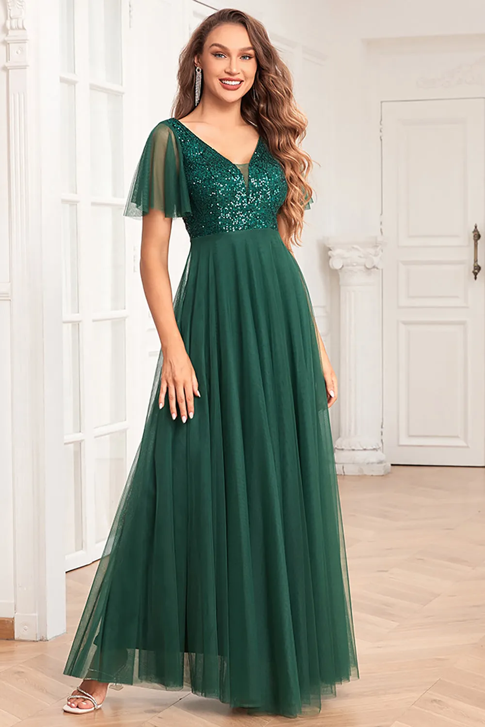 Dark Green A-Line V Neck Tulle Prom Dress with Sequins sold by Zapaka product image thumbnail 4