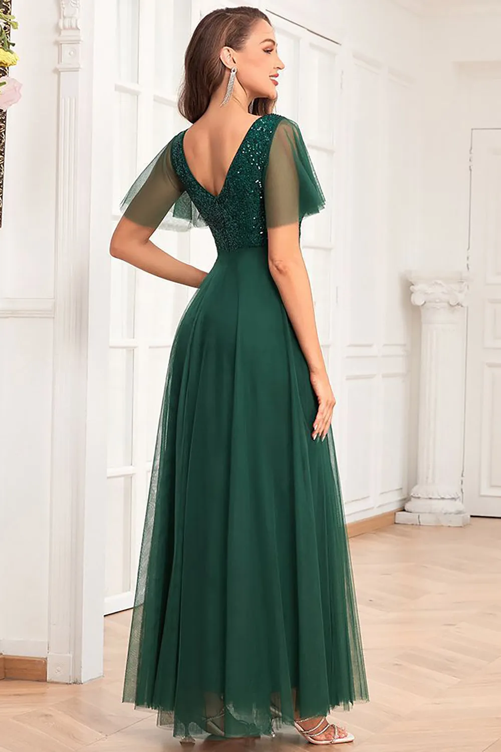 Dark Green A-Line V Neck Tulle Prom Dress with Sequins sold by Zapaka product image thumbnail 2