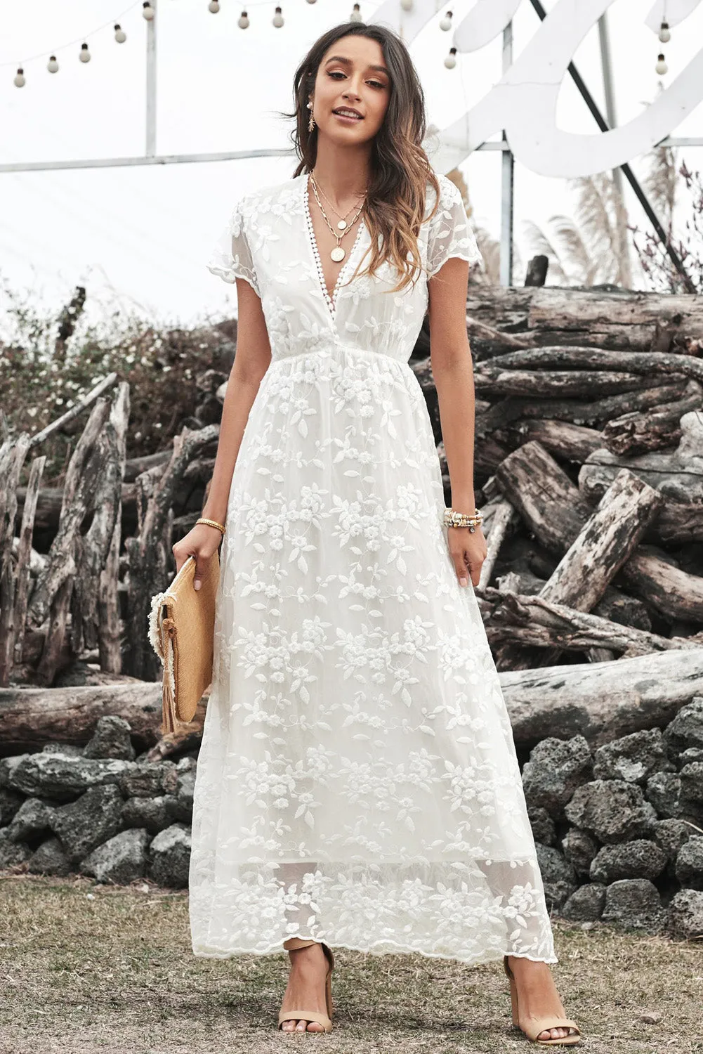 White Lace A Line V-Neck Wedding Party Dress sold by Zapaka product image thumbnail 3