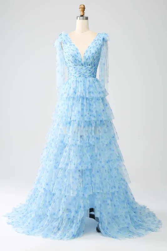 A-Line V-Neck Light Blue Tiered Prom Dress sold by Zapaka