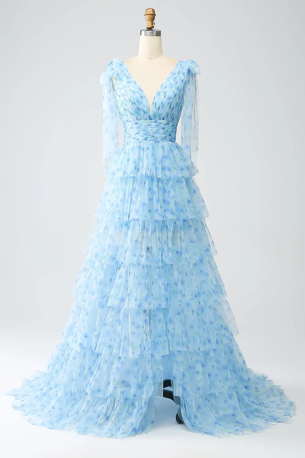 A-Line V-Neck Light Blue Tiered Prom Dress sold by Zapaka