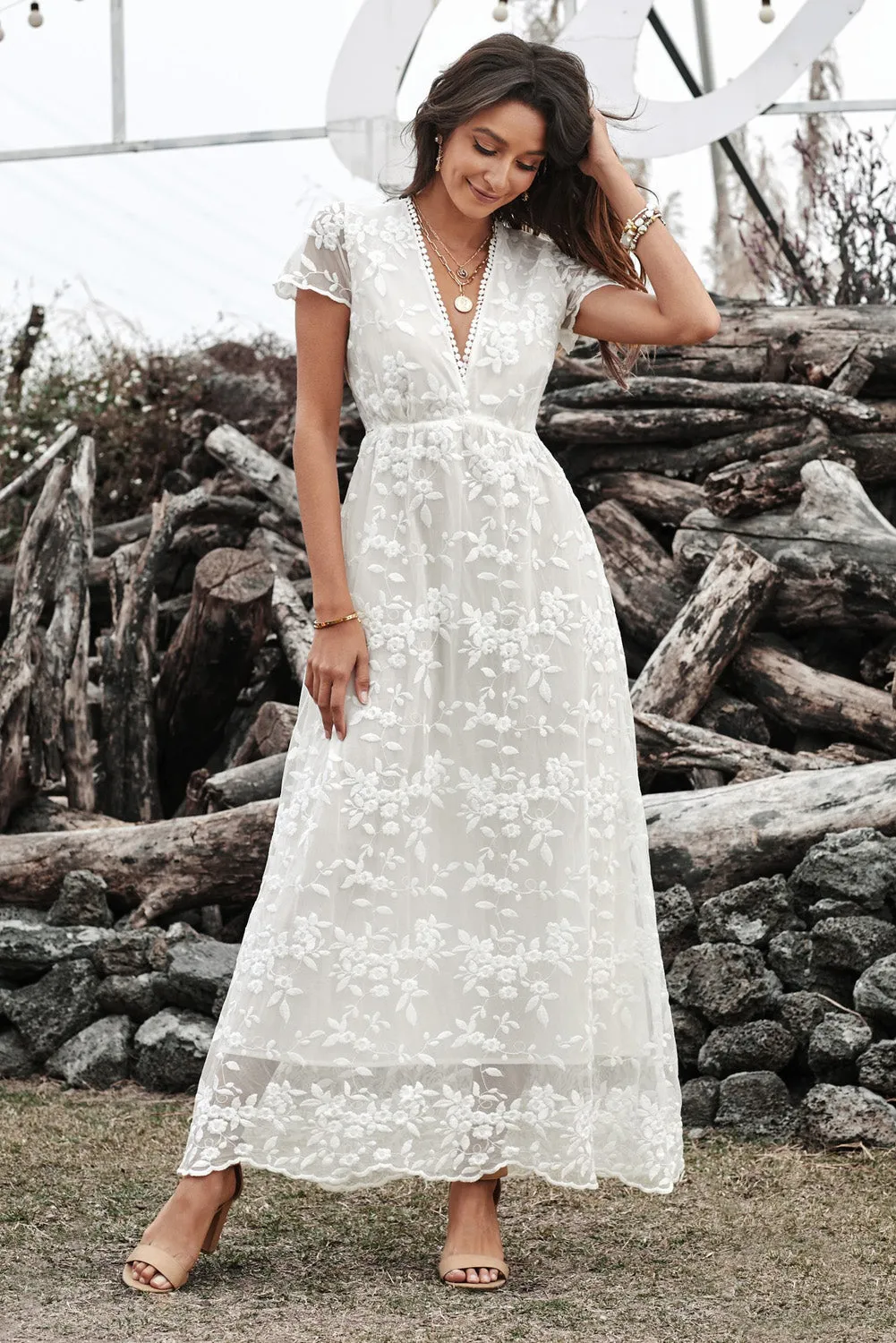 White Lace A Line V-Neck Wedding Party Dress sold by Zapaka product image thumbnail 4
