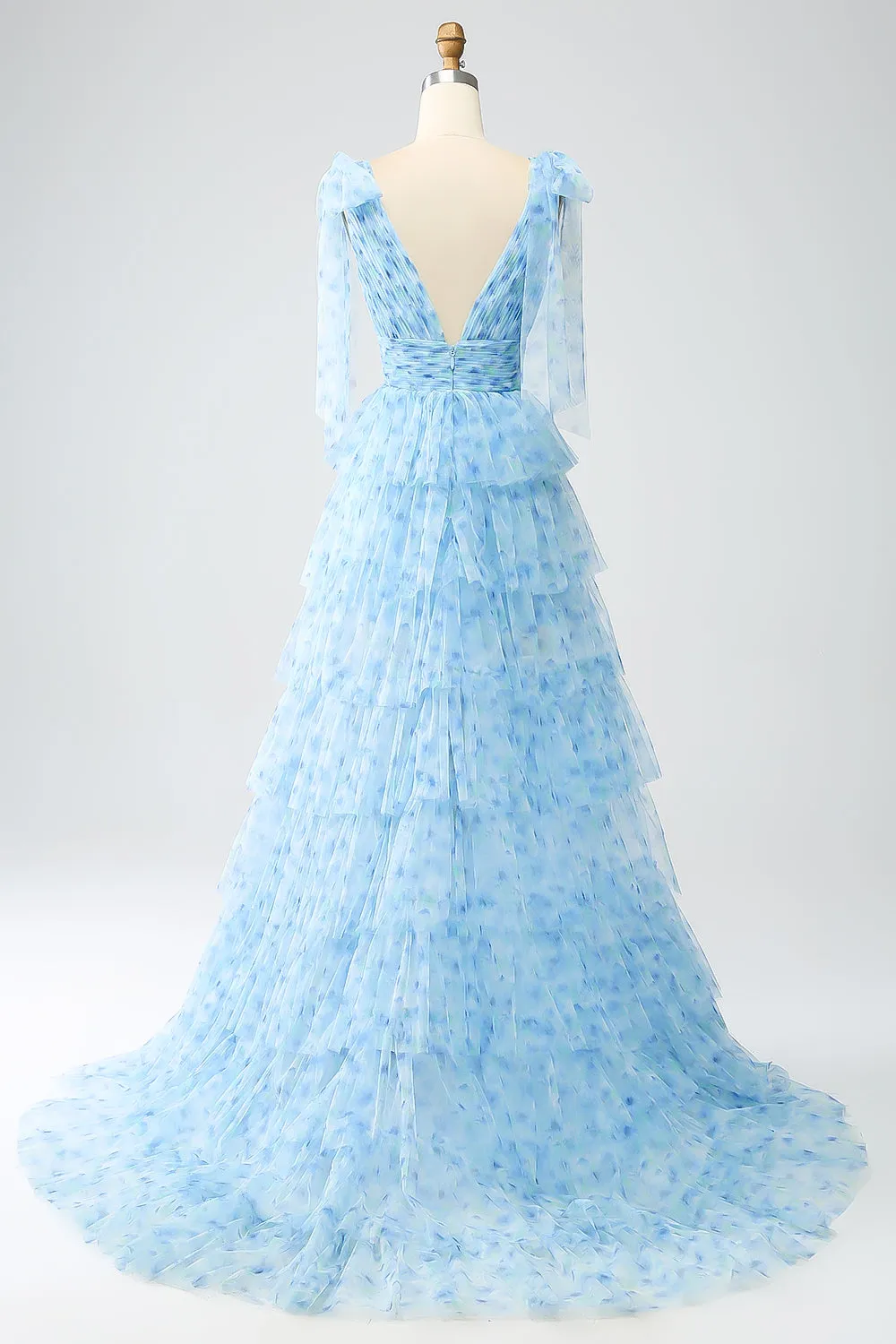 A-Line V-Neck Light Blue Tiered Prom Dress sold by Zapaka product image thumbnail 2