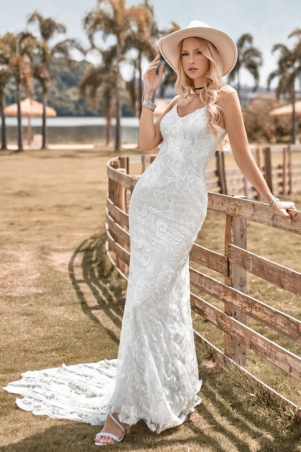 Charming Mermaid Spaghetti Straps Lace Ivory Wedding Dress with Sweep Train sold by Zapaka product image thumbnail 4