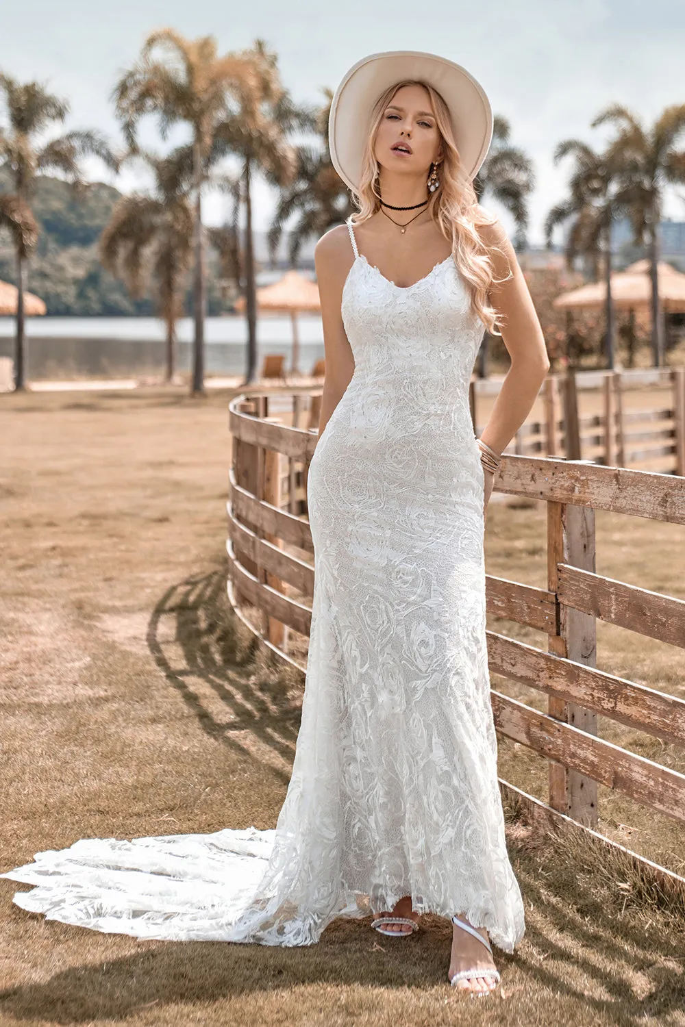 Charming Mermaid Spaghetti Straps Lace Ivory Wedding Dress with Sweep Train sold by Zapaka product image thumbnail 3