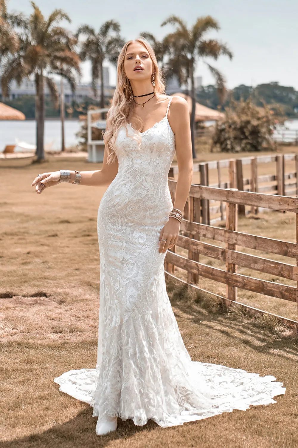 Charming Mermaid Spaghetti Straps Lace Ivory Wedding Dress with Sweep Train sold by Zapaka