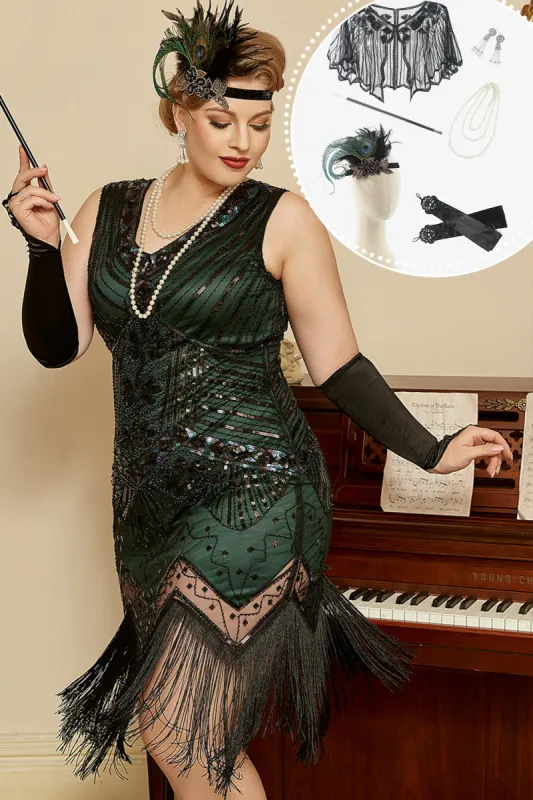 Dark Green Sequined 1920s Plus Size Flapper Dress with 20s Accessories Set sold by Zapaka
