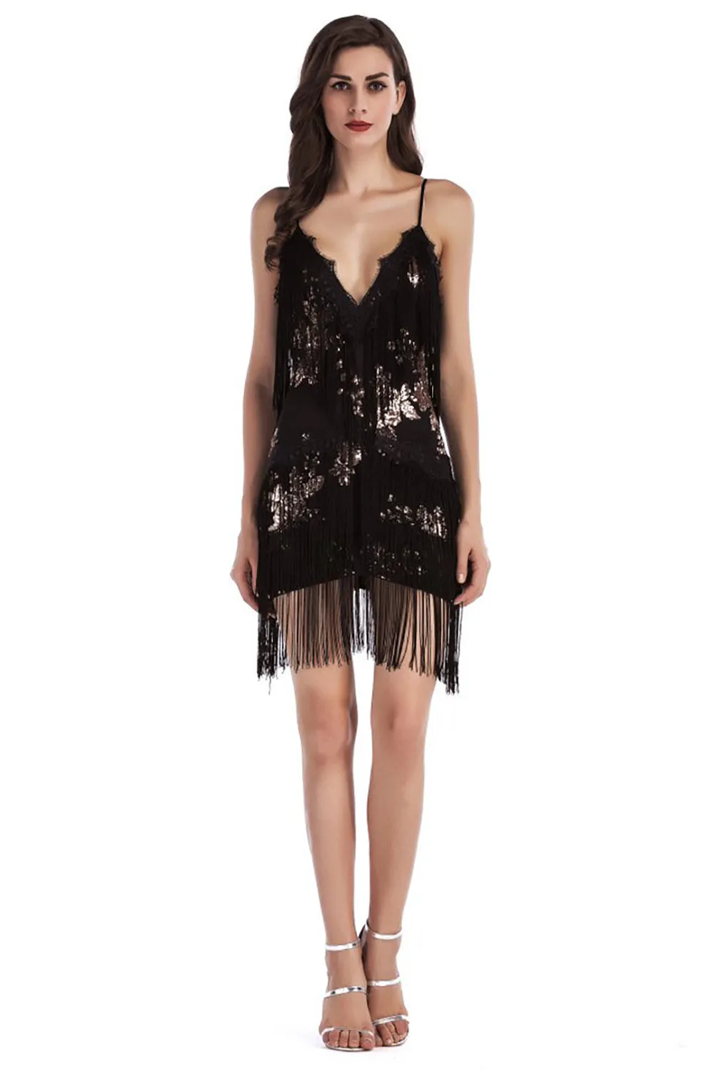 Black Sequin Spaghetti Straps Short Cocktail Dress With Fringes sold by Zapaka product image thumbnail 4