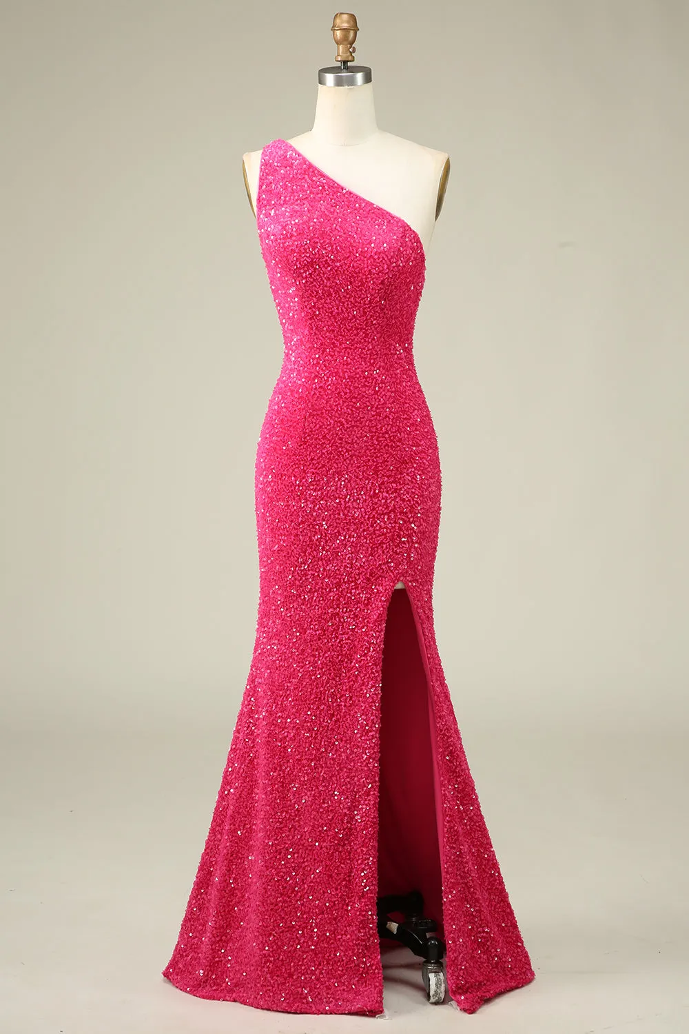 Mermaid One Shoulder Fuchsia Sequins Long Prom Dress with Split Front sold by Zapaka
