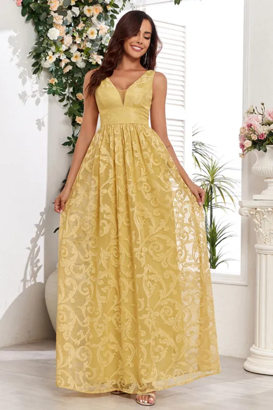 Yellow V-Neck Long Prom Dress With Appliques sold by Zapaka